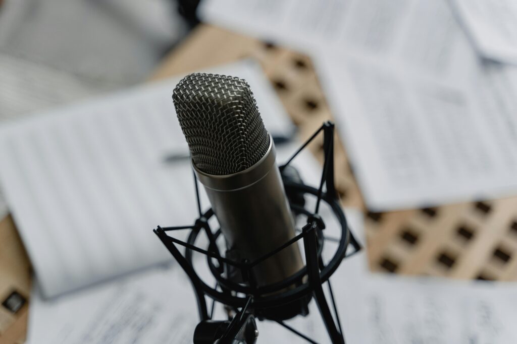 Professional podcast microphone in a recording studio